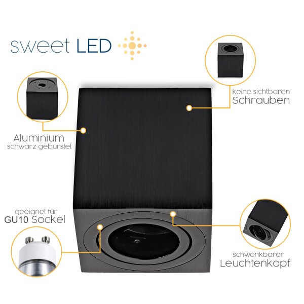 IP20 GU10 LED Aufbaustrahler Eckig aus Aluminium Schwarz Gebürstet 230V Schwenkbar | Ohne Leuchtmittel