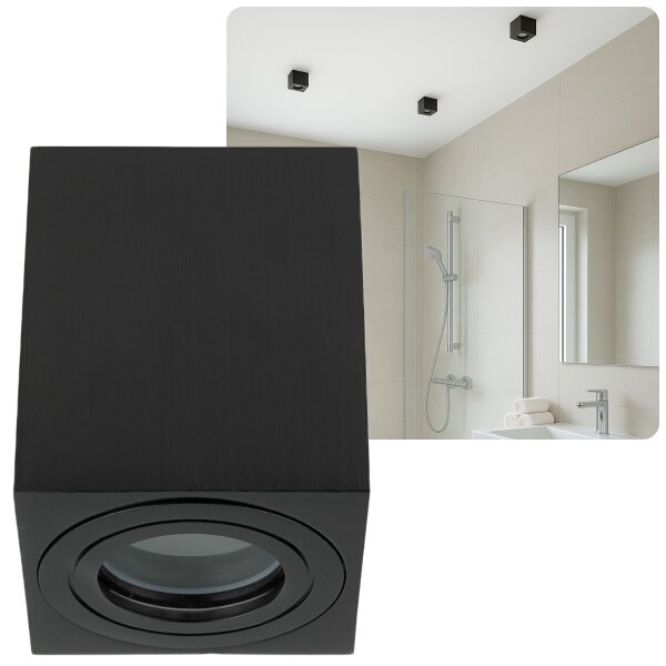 Deckenspots GU10 Bad IP44 Aufbauspot Eckig Schwarz gebürstet 230V | LED Spots Decke Aluminium (Ohne Leuchtmittel)