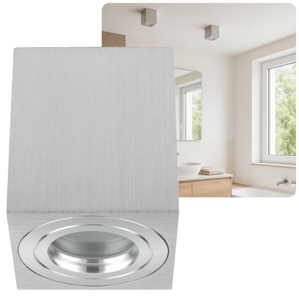 Aufbaustrahler GU10 230V LED Aufbauspot Deckenstrahler Bad IP44 | Eckig Aluminium Gebürstet