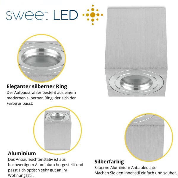 Aufbaustrahler GU10 230V LED Aufbauspot Deckenstrahler Bad IP44 | Eckig Aluminium Gebürstet