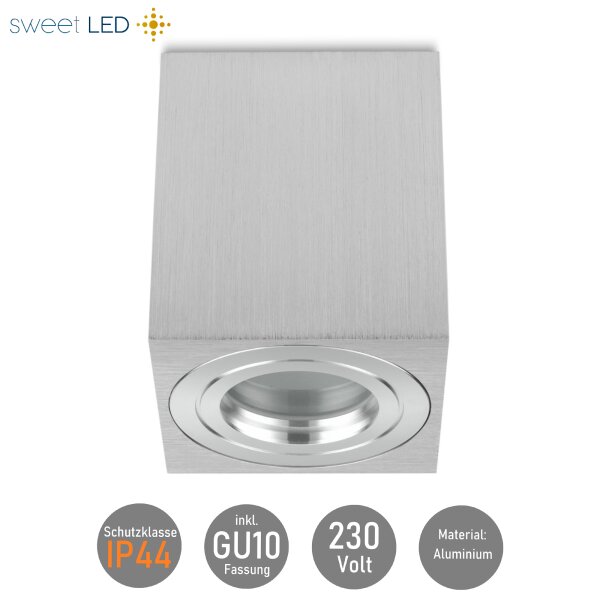 Aufbaustrahler GU10 230V LED Aufbauspot Deckenstrahler Bad IP44 | Eckig Aluminium Gebürstet