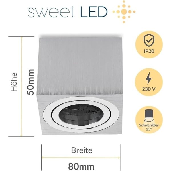 IP20 Deckenspots Led flach - 230 Volt Aufbaustrahler schwenkbar eckig Aluminium gebürstet - Spots Decke Led 50 mm Höhe - Led Deckenleuchte