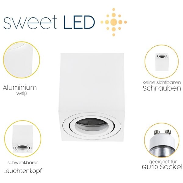 GU10 LED Aufbaustrahler IP20 Eckig Aluminium Weiß Matt 230V Schwenkbar | Ohne Leuchtmittel