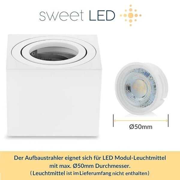 50mm LED Aufbauspot Eckig Weiß | Alu Gehäuse 230V Schwenkbar