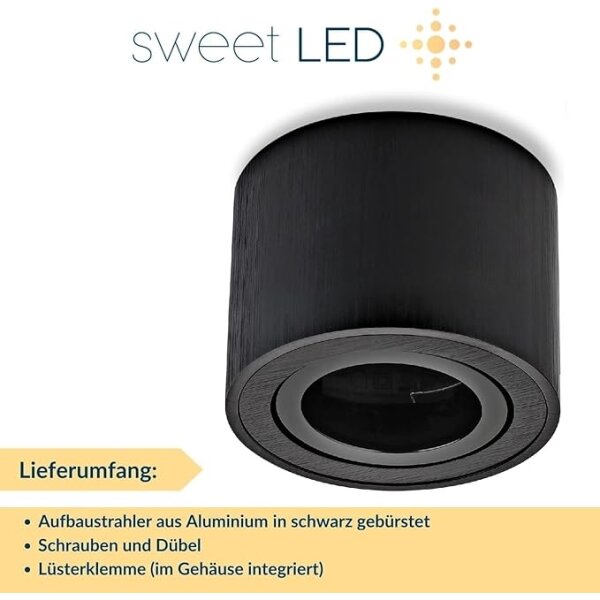 Aufbaustrahler 230V flach 50mm Höhe - Spot Decke rund schwarz gebürstet aus Aluminium - LED Aufbauspot 230V Lochmaß 80mm