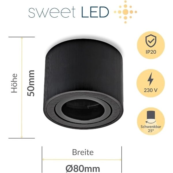 Aufbaustrahler 230V flach 50mm Höhe - Spot Decke rund schwarz gebürstet aus Aluminium - LED Aufbauspot 230V Lochmaß 80mm