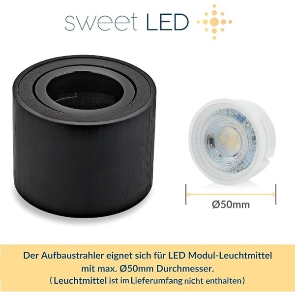 Aufbaustrahler 230V flach 50mm Höhe - Spot Decke rund schwarz gebürstet aus Aluminium - LED Aufbauspot 230V Lochmaß 80mm