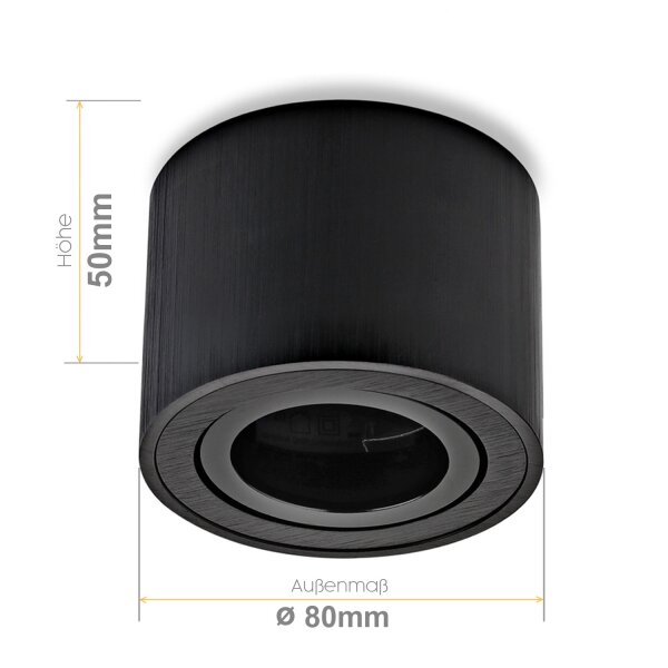 Aufbaustrahler 230V flach 50mm Höhe - Spot Decke rund schwarz gebürstet aus Aluminium - LED Aufbauspot 230V Lochmaß 80mm