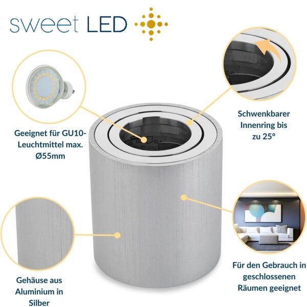 Deckenspots LED GU10 Alu Gebürstet Rund | Aufbaustrahler Decke Aluminium Aufputz Spots Schwenkbar 230V (Ohne Leuchtmittel)