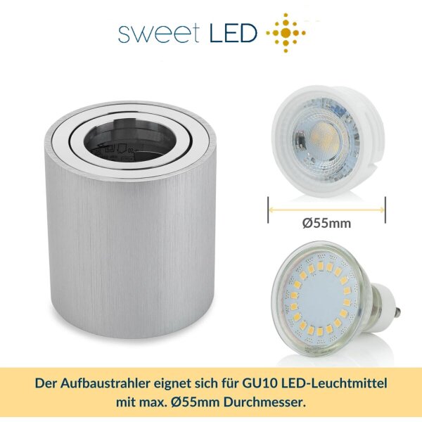 Deckenspots LED GU10 Alu Gebürstet Rund | Aufbaustrahler Decke Aluminium Aufputz Spots Schwenkbar 230V (Ohne Leuchtmittel)