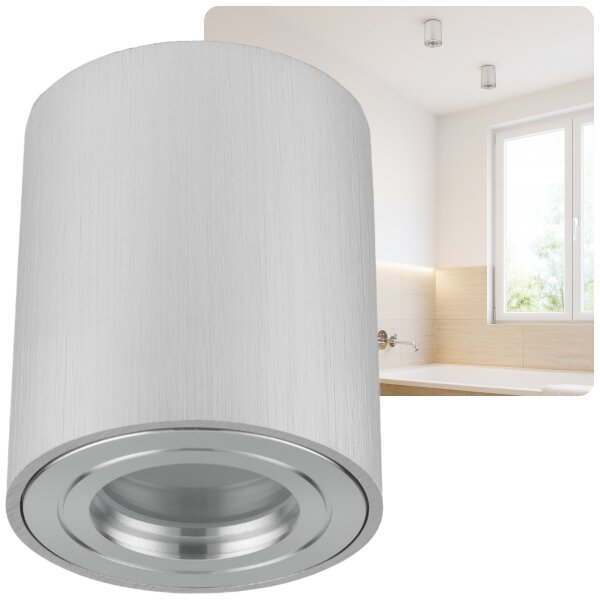 IP44 LED Aufbauspots Flach 95mm – GU10 Deckenstrahler Bad 230V | Aluminium Silber Gebürstet
