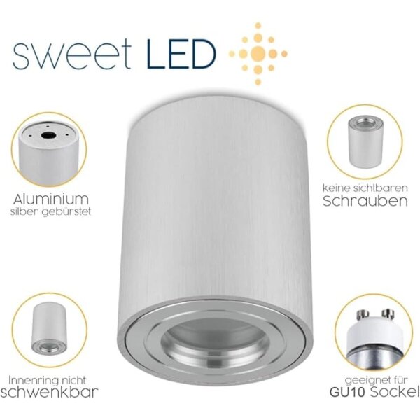 IP44 LED Aufbauspots Flach 95mm – GU10 Deckenstrahler Bad 230V | Aluminium Silber Gebürstet