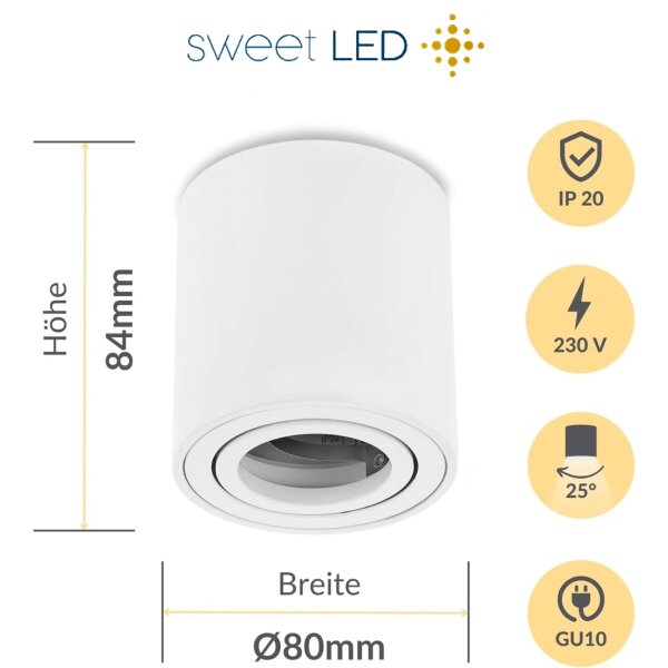 Deckenspots LED GU10 Weiß Rund | Aufputz Spot Decke Aluminium Aufbauspots Schwenkbar 230V (Ohne Leuchtmittel)