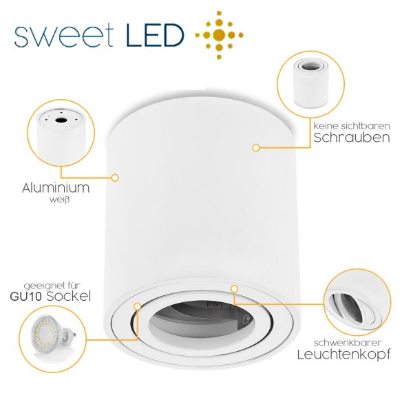 LED Aufbaustrahler GU10 rund weiß schwenkbar aus Aluminium | Aufbauspot 230V (ohne Leuchtmittel)