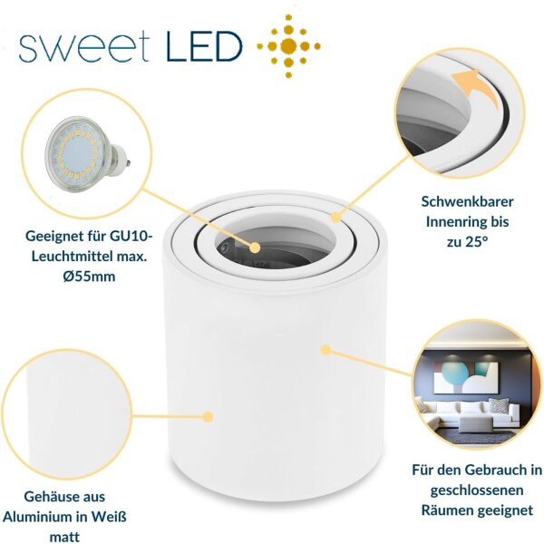 LED Aufbaustrahler GU10 rund weiß schwenkbar aus Aluminium | Aufbauspot 230V (ohne Leuchtmittel)