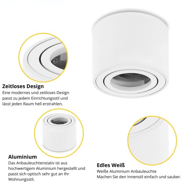 LED Deckenspots flach 50mm Höhe - 230V Aufbaustrahler rund weiß matt aus Aluminium - LED Aufbauspot Lochdurchmesser 80mm