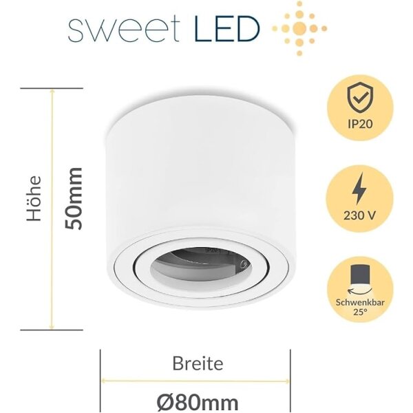 LED Deckenspots flach 50mm Höhe - 230V Aufbaustrahler rund weiß matt aus Aluminium - LED Aufbauspot Lochdurchmesser 80mm