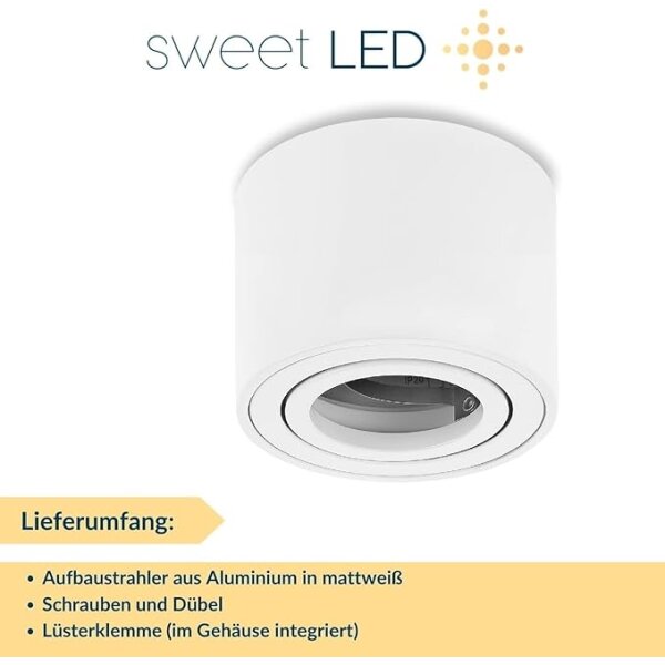 LED Deckenspots flach 50mm Höhe - 230V Aufbaustrahler rund weiß matt aus Aluminium - LED Aufbauspot Lochdurchmesser 80mm