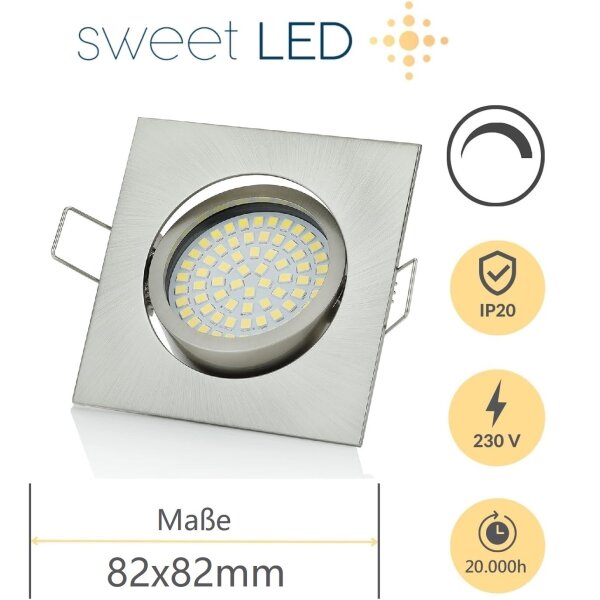 Flach LED Einbaustrahler 230V - Led Lampe Decke dimmbar schwenkbar eckig chrom gebürstet - Led Deckenleuchte 230 Volt 5 Watt kaltweiß - 75 mm Lochmaß