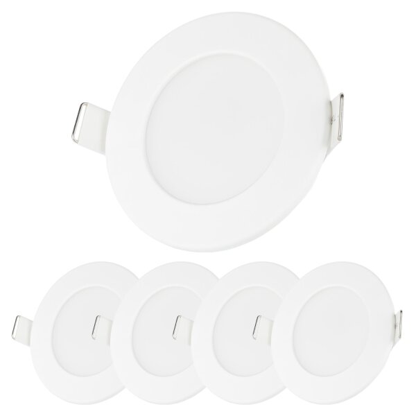 Sparpack LED Einbaustrahler 230V Bad - LED Spot Strahler rund weiß IP44 5 Watt warmweiß - Einbautiefe ca. 50 mm 5er SET
