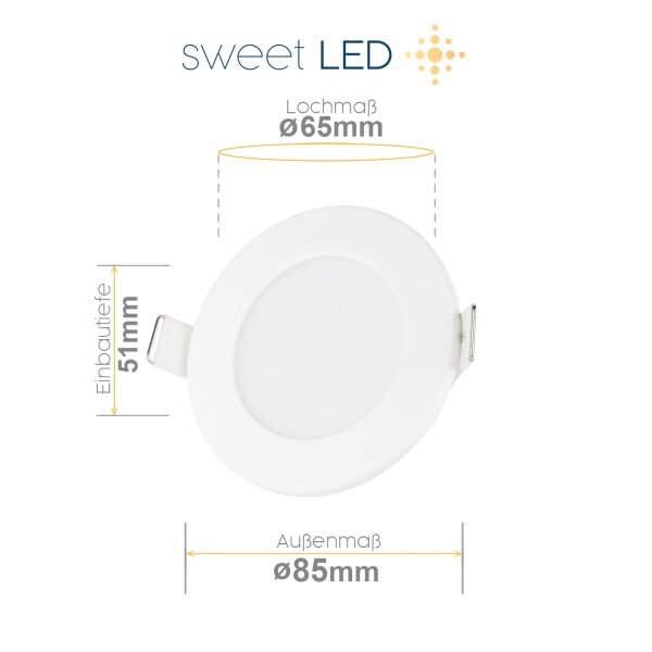 Sparpack LED Einbaustrahler 230V Bad - LED Spot Strahler rund weiß IP44 5 Watt warmweiß - Einbautiefe ca. 50 mm 5er SET