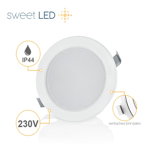 230 Volt Möbeleinbaustrahler Badezimmer - Led Strahler IP44 ultra Flach ca. 20 mm Einbautiefe - Licht Led rund weiß warmweiß 3000K 3.5 Watt