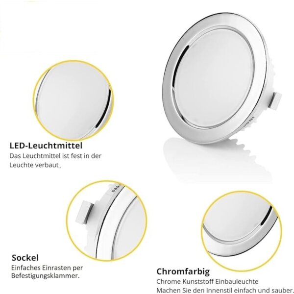LED Möbel Einbauspots 230V - Led Strahler IP44 für Badezimmer - Led Möbelleuchtmittel ultra flach ca. 20 mm Einbautiefe chromfarbig warmweiß