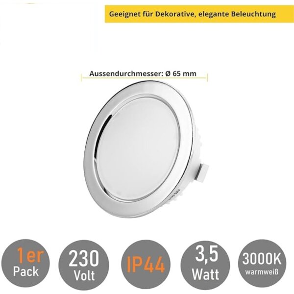 LED Möbel Einbauspots 230V - Led Strahler IP44 für Badezimmer - Led Möbelleuchtmittel ultra flach ca. 20 mm Einbautiefe chromfarbig warmweiß