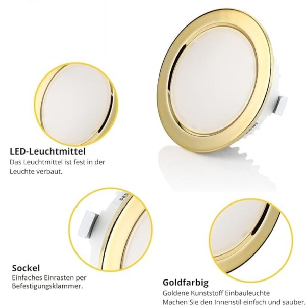 LED Möbel Einbaustrahler 12V - Led Leuchtmittel für Bad IP44 flach ca. 21 mm Einbautiefe - Möbeleinbauleuchten LED rund goldfarbig warmweiß 3.5W
