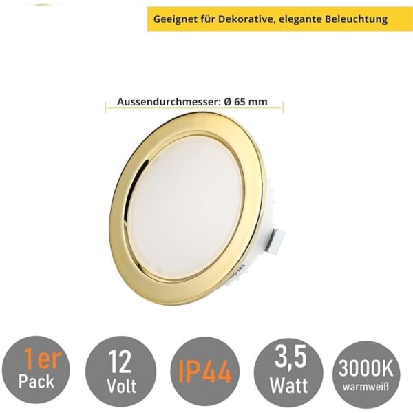 LED Möbel Einbaustrahler 12V - Led Leuchtmittel für Bad IP44 flach ca. 21 mm Einbautiefe - Möbeleinbauleuchten LED rund goldfarbig warmweiß 3.5W