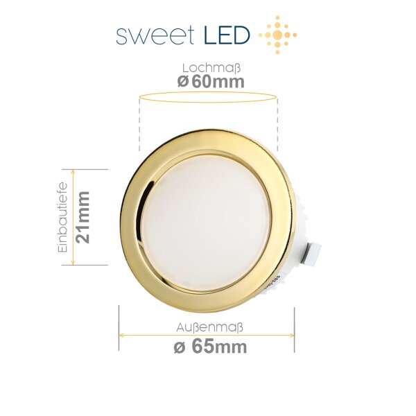 Möbel LED Einbaustrahler 12V - Möbeleinbauleuchten LED Flach Bad IP44 rund goldfarbig kaltweiß - Mini Led Strahler 3.5W ca. 20 mm Einbautiefe