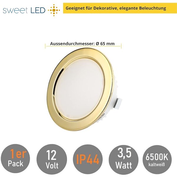 Möbel LED Einbaustrahler 12V - Möbeleinbauleuchten LED Flach Bad IP44 rund goldfarbig kaltweiß - Mini Led Strahler 3.5W ca. 20 mm Einbautiefe
