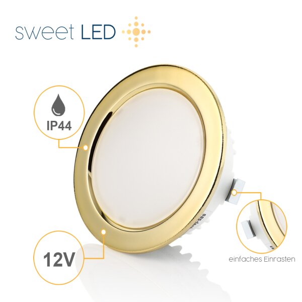 Möbel LED Einbaustrahler 12V - Möbeleinbauleuchten LED Flach Bad IP44 rund goldfarbig kaltweiß - Mini Led Strahler 3.5W ca. 20 mm Einbautiefe