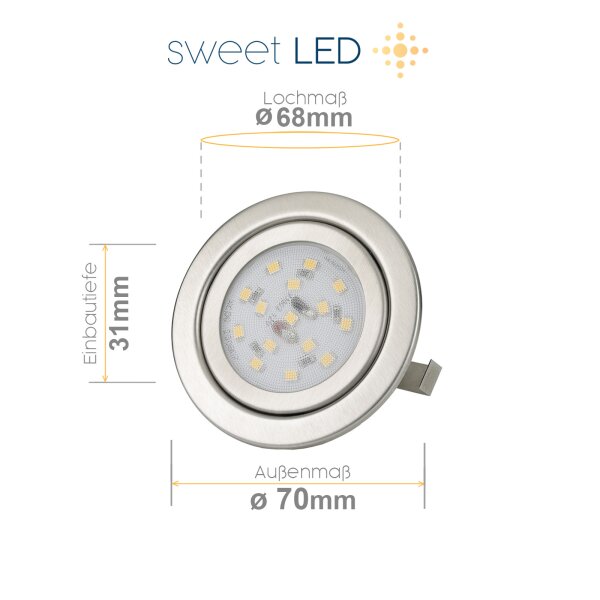 Led Möbel Einbaustrahler 12V 3W - Leuchte Wohnzimmer Modern IP20 chrom gebürstet rund warmweiß LED - Led Einbauspots Flach ca. 30 mm Einbautiefe