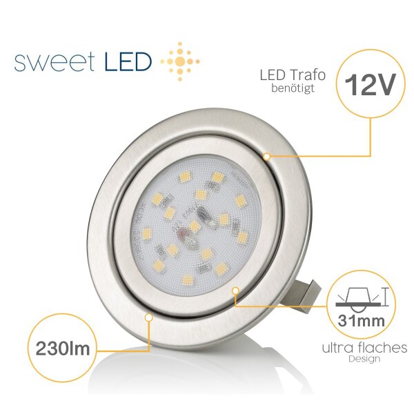 Led Möbel Einbaustrahler 12V 3W - Leuchte Wohnzimmer Modern IP20 chrom gebürstet rund warmweiß LED - Led Einbauspots Flach ca. 30 mm Einbautiefe