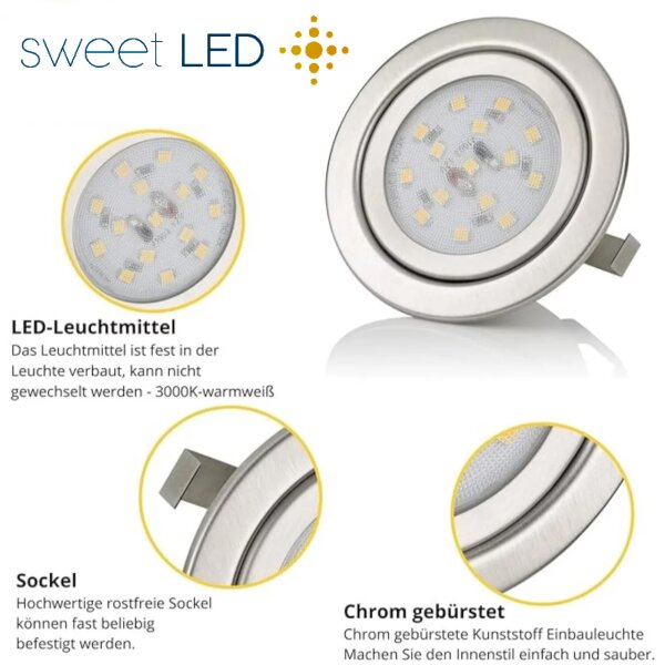 Led Möbel Einbaustrahler 12V 3W - Leuchte Wohnzimmer Modern IP20 chrom gebürstet rund warmweiß LED - Led Einbauspots Flach ca. 30 mm Einbautiefe