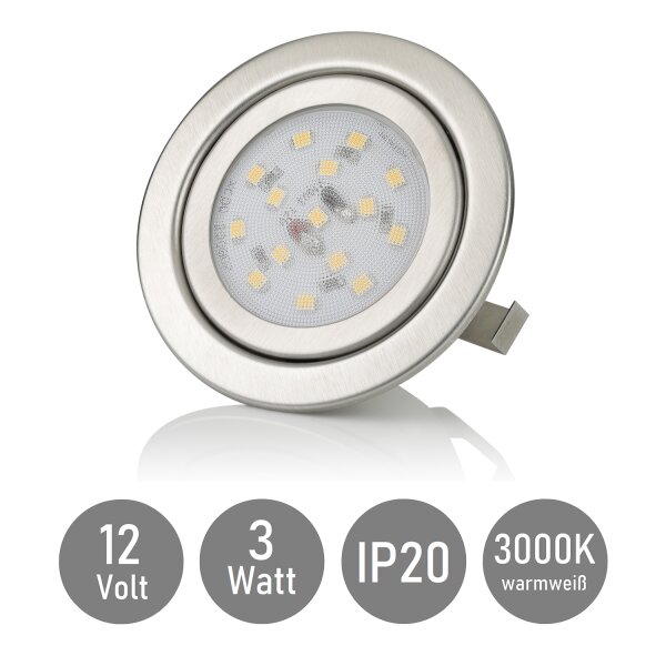 Led Möbel Einbaustrahler 12V 3W - Leuchte Wohnzimmer Modern IP20 chrom gebürstet rund warmweiß LED - Led Einbauspots Flach ca. 30 mm Einbautiefe