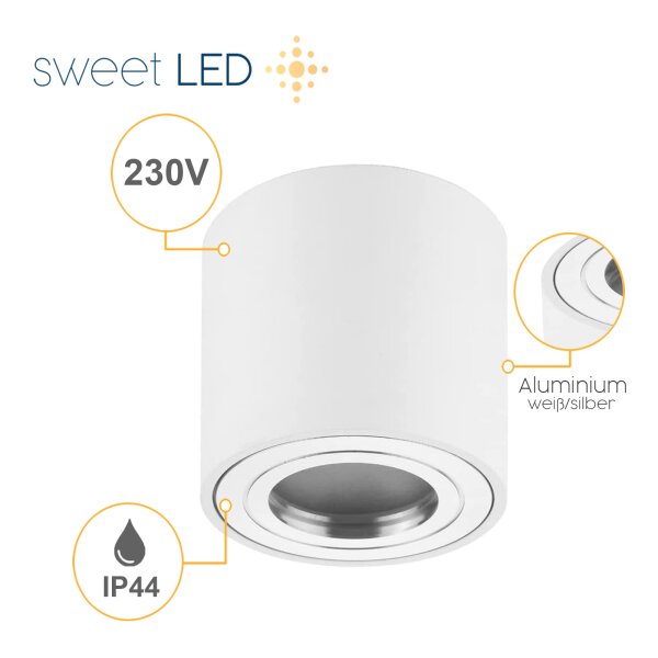 GU10 Aufbaustrahler Badezimmer - IP44 Led Spots Decke flach 95 mm Höhe - 230 Volt Aufbauspots Led aus Aluminium weiß matt - 80 mm Abmessung