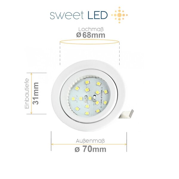 Einbaustrahler LED 230 Volt Möbel - Led Strahler Flach 30 mm Einbautiefe - Möbeleinbauleuchten Led Flach 3 Watt weiß warmweiß 3000K
