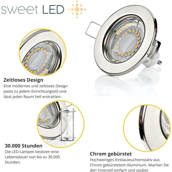 Led Spots Decke GU10 - LED Einbaustrahler 230 Volt - Lochmaß 55 mm - Einbauleuchten Led Wohnzimmer 5W warmweiß rund chrom gebürstet - 10er Sparpack