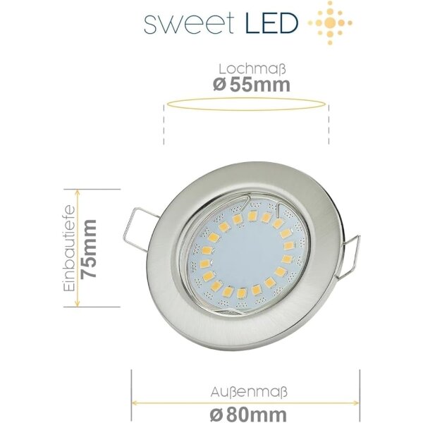Led Spots Decke GU10 - LED Einbaustrahler 230 Volt - Lochmaß 55 mm - Einbauleuchten Led Wohnzimmer 5W warmweiß rund chrom gebürstet - 10er Sparpack