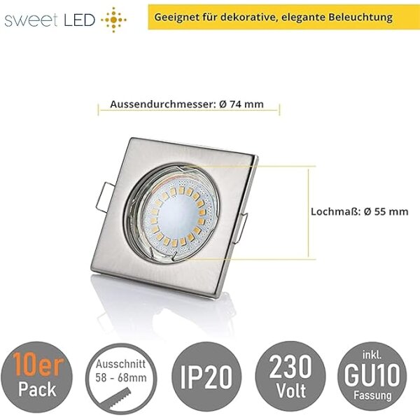 LED Einbauspots 230V GU10 | 10er LED Einbaustrahler 5W Kaltweiß Chrom