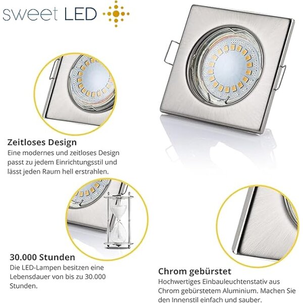 LED Einbauspots 230V GU10 | 10er LED Einbaustrahler 5W Kaltweiß Chrom
