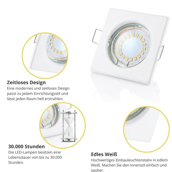 LED Einbauspots 230V - GU10 5W Warmweiß - Einbaustrahler LED 10er SET Lochbohrung 55 mm Eckig Weiß - Deckenspots Sparpack