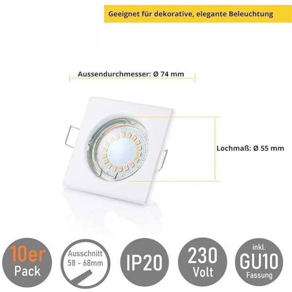 LED Einbauspots 230V - GU10 5W Warmweiß - Einbaustrahler LED 10er SET Lochbohrung 55 mm Eckig Weiß - Deckenspots Sparpack