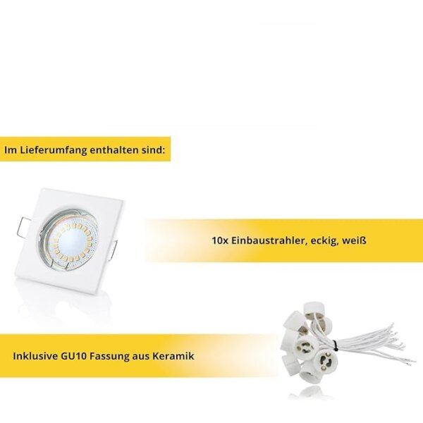 LED Einbauspots 230V - GU10 5W Warmweiß - Einbaustrahler LED 10er SET Lochbohrung 55 mm Eckig Weiß - Deckenspots Sparpack