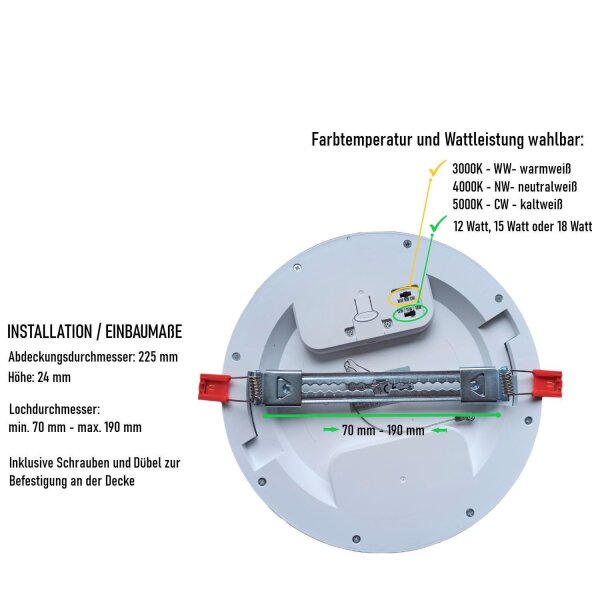 CCT LED Panel 230V einstellbare Watt 12W-15W-18W Ein-Aufbaustrahler rund weiß Durchmesser 225mm 3000K – 4000K – 5000K