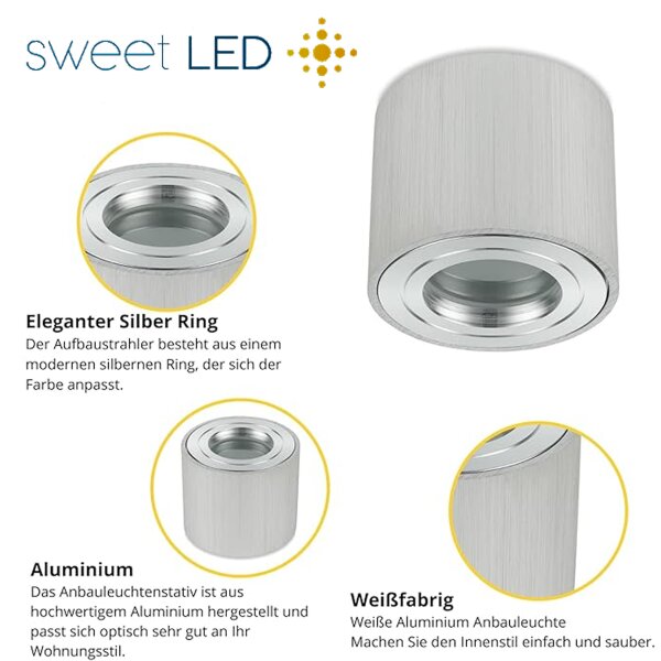 4er Set Alu Gebürstet LED Aufbaustrahler IP44 | 230V Aufputz Deckenleuchte Flach 65mm | Bad Deckenspot Rund