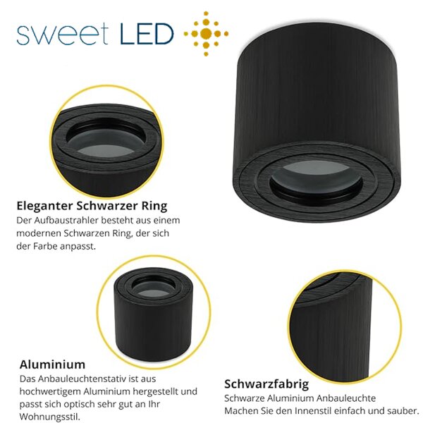 4er Set LED Aufbaustrahler IP44 Rund | Schwarz Gebürstet Aluminium | Bad Aufputz Deckenspot 230V Ø 80mm