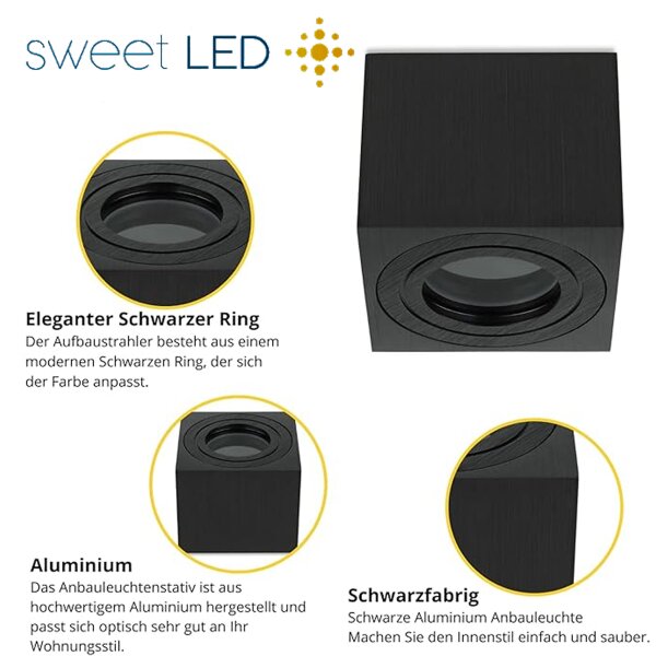 Sweet LED Aufbaustrahler Bad eckig flach Aluminium schwarz IP44 Aufbauspot Sparpack